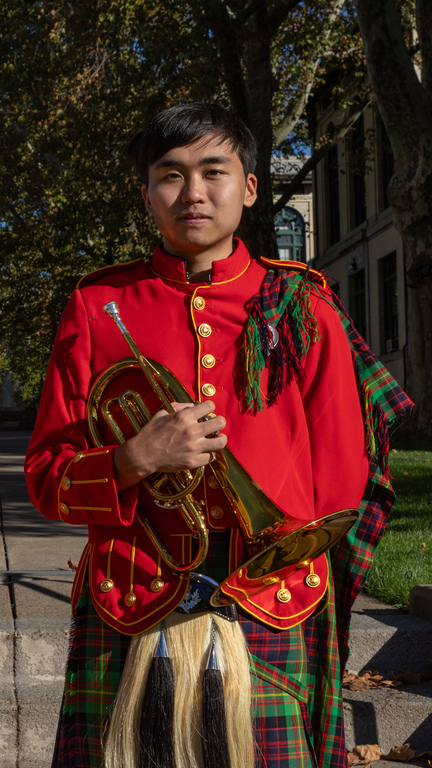 picture of myself in Kiltie band holding mellophone